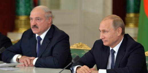 Belarusian President Alexander Lukashenko and Russian President Vladimir Putin take part in the Eurasian Economic Union summit at the Kremlin, Moscow, Russia, Dec. 23, 2014 (AP Photo/RIA Novosti, Alexei Druzhinin).