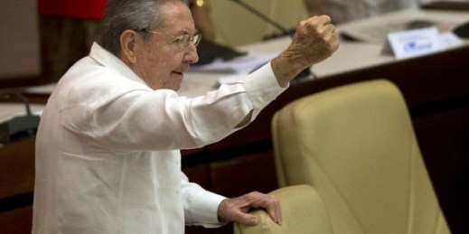 Cuban President Raul Castro raises his fist and shout “Long live Fidel” during the closing of the twice-annual legislative session at the National Assembly in Havana, Cuba, Dec. 20, 2014 (AP photo by Ramon Espinosa).