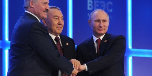 Russian President Vladimir Putin, Kazakh President Nursultan Nazarbayev and Belarusian President Alexander Lukashenko in Astana, Kazakhstan, May 29, 2014 (AP Photo/RIA-Novosti, Mikhail Klimentyev).