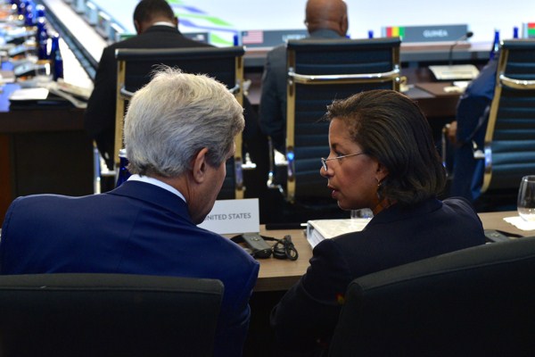 U.S. Secretary of State John Kerry chats with Ambassador Susan Rice, the President’s National Security Advisor, at the U.S.-Africa Leaders Summit, Washington, D.C., Aug. 6, 2014 (State Department photo).
