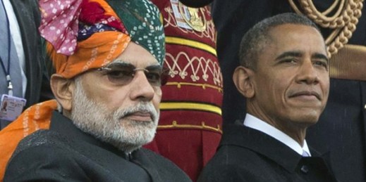 Indian Prime Minister Narendra Modi and U.S. President Barack Obama watch the Republic Day parade in New Delhi, India, Jan. 26, 2015 (AP photo by Stephen Crowley).