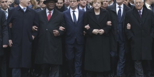 Leaders from Israel, Mali, France, Germany, the EU and Palestine march during a rally in Paris, France, Jan. 11, 2015 (AP photo by Philippe Wojazer).