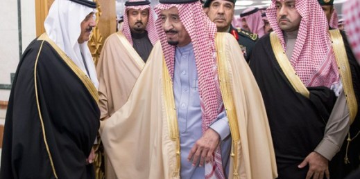 Newly enthroned King Salman receives dignitaries who arrived to give their condolences for the late King Abdullah in Riyadh, Saudi Arabia, Jan. 25, 2015 (AP Photo/SPA).