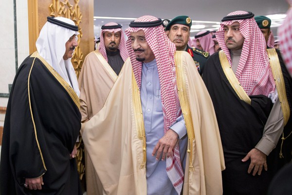 Newly enthroned King Salman receives dignitaries who arrived to give their condolences for the late King Abdullah in Riyadh, Saudi Arabia, Jan. 25, 2015 (AP Photo/SPA).