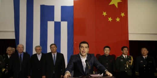 Greek Prime Minister Alexis Tsipras delivers a speech on board the Chinese frigate Changbaishan at the port of Piraeus, near Athens, Feb. 19, 2015 (AP photo by Thanassis Stavrakis).