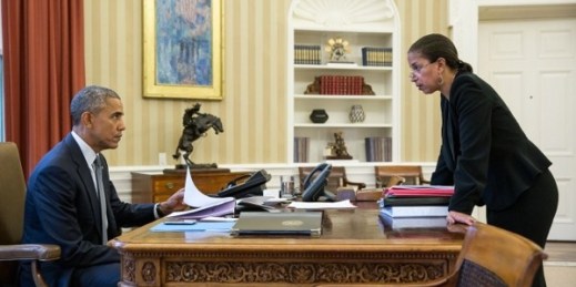 U.S. President Barack Obama talks with National Security Advisor Susan E. Rice in the Oval Office prior to a phone call with Russian President Vladimir Putin, Feb. 10, 2015 (Official White House Photo by Pete Souza).