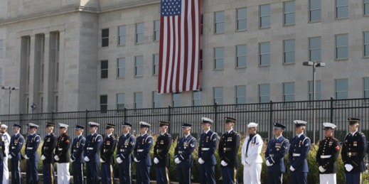 Honor guards stand at the Pentagon Memorial on the 10th anniversary of the September 11 attacks at the Pentagon, Arlington, VA, Sept. 11, 2011 (AP photo by Charles Dharapak).