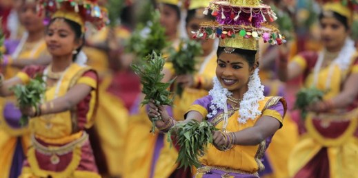 Sri Lankan ethnic Tamil dancers from Northern Province perform during Independence Day celebrations, Colombo, Sri Lanka, Feb. 4, 2015 (AP photo by Eranga Jayawardena).