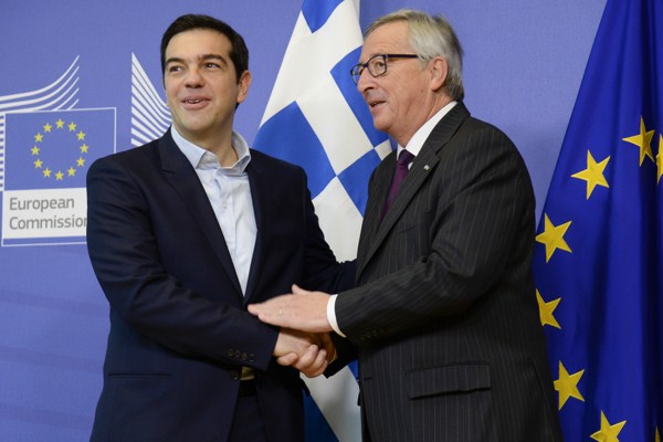 Handshake between Greek Prime Minister Alexis Tsipras and European Commission President Jean-Claude Juncker, Brussels, Belgium, Feb. 4, 2015 (European Union photo).