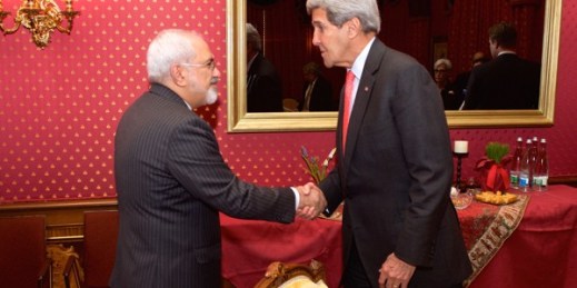 U.S. Secretary of State John Kerry greets Iranian Foreign Minister Javad Zarif before their advisers resumed negotiations about the future of Iran’s nuclear program, Lausanne, Switzerland, March 20, 2015 (State Department photo).