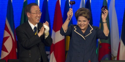 Brazil’s President Dilma Rousseff and United Nations Secretary-General Ban Ki-moon at the closing ceremony of the Rio+20 U.N. Conference on Sustainable Development, Rio de Janeiro, Brazil, June 22, 2012 (AP photo by Andre Penner).
