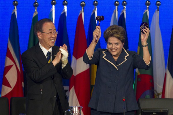 Brazil’s President Dilma Rousseff and United Nations Secretary-General Ban Ki-moon at the closing ceremony of the Rio+20 U.N. Conference on Sustainable Development, Rio de Janeiro, Brazil, June 22, 2012 (AP photo by Andre Penner).