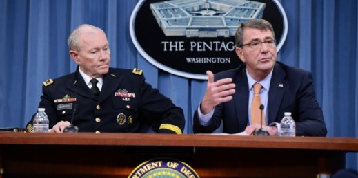 U.S. Secretary of Defense Ash Carter, right, and Gen. Martin Dempsey, chairman of the Joint Chiefs of Staff, speak at a press conference at the Pentagon on April 16, 2015 (Department of Defense photo by U.S. Army Sgt. 1st Class Clydell Kinchen).