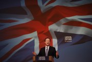 British Prime Minister David Cameron unveils the Conservative Party manifesto, Swindon, England, April 14, 2015 (AP photo by Peter Macdiarmid).
