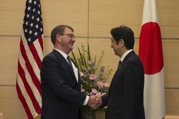 U.S. Defense Secretary Ashton Carter meets with Japanese Prime Minister Shinzo Abe, Tokyo, April 8, 2015 (DoD photo by U.S. Navy Petty Officer 2nd Class Sean Hurt).