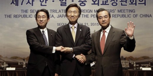 Chinese Foreign Minister Wang Yi, South Korean Foreign Minister Yun Byung-se and Japanese Foreign Minister Fumio Kishida during the 7th trilateral foreign ministers’ meeting, Seoul, South Korea, March 21, 2015 (AP photo by Ahn Young-joon).