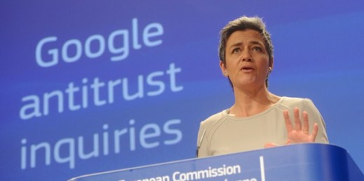 European Union Commissioner for Competition Margrethe Vestager announces antitrust charges against Google, Brussels, Belgium, April 15, 2015 (EU Commission photo).