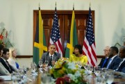 U.S. President Barack Obama and Jamaican Prime Minister Portia Simpson-Miller during their bilateral meeting at the Jamaica House, April 9, 2015, Kingston, Jamaica (AP photo by Pablo Martinez Monsivais).