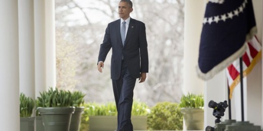 U.S. President Barack Obama walks to the Rose Garden of the White House in Washington, to speak about the breakthrough in the Iranian nuclear talks, April 2, 2015 (AP photo by Pablo Martinez Monsivais).