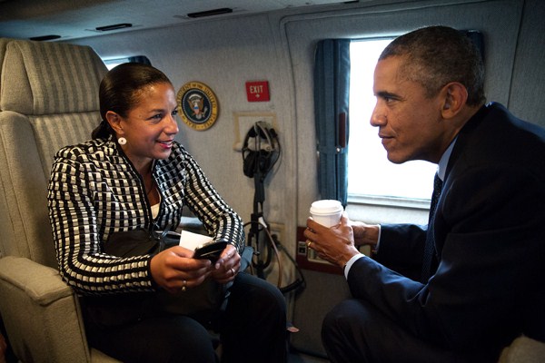 U.S. President Barack Obama talks with National Security Advisor Susan E. Rice aboard Marine One en route to Stonehenge in Wiltshire, England following the NATO Summit in Wales, Sept. 5, 2014 (Official White House photo by Pete Souza).