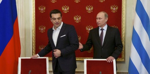 Russian President Vladimir Putin and Greek Prime Minister Alexis Tsipras attend a signing ceremony in the Kremlin, Moscow, Russia, April 8, 2015 (AP photo by Alexander Zemlianichenko).
