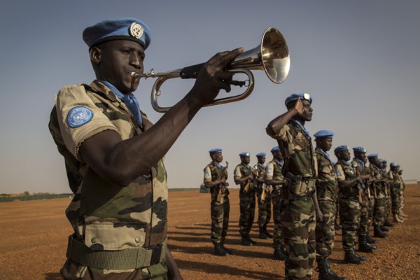 U.N. peacekeepers from Niger stand at attention at the Niger Battalion Base, Ansongo, Mali, Feb. 25, 2015 (U.N. photo Marco Dormino).