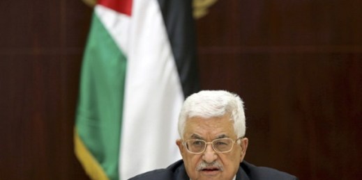 Palestinian President Mahmoud Abbas chairs a Palestine Liberation Organization executive committee meeting, Ramallah, April 18, 2015 (AP photo by Fadi Arouri).