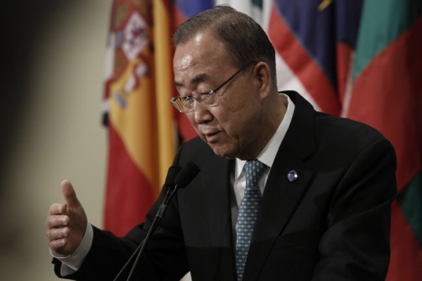 U.N. Secretary-General Ban Ki-moon speaks to journalists on the crisis in Yemen, U.N. Headquarters, New York, April 9, 2015 (U.N. photo by Evan Schneider).