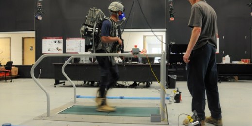 Army researchers evaluate a prototype undersuit designed to reduce injuries and fatigue, developed for the Defense Advanced Research Projects Agency, Aberdeen Proving Ground, Md., Oct. 28, 2014 (U.S. Army photo by Tom Faulkner).