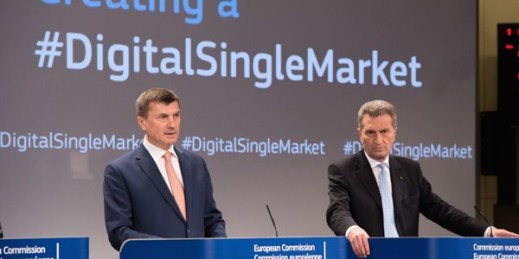 Andrus Ansip, commissioner in charge of the digital single market, and Gunther Oettinger, commissioner in charge of digital economy and society, give a joint press conference, Brussels, May 6, 2015 (European Commission photo).