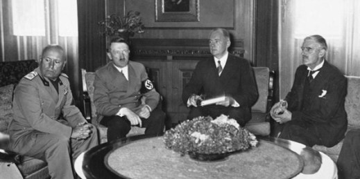 Italian Prime Minister Benito Mussolini, German Chancellor Adolf Hitler, interpreter Paul Otto Gustav Schmidt and British Prime Minister Neville Chamerlain, Munich, Germany, Sept. 29, 1938 (German Federal Archives photo).