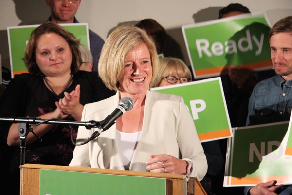 Rachel Notley at an Alberta NDP rally, Edmonton, Canada, June 16, 2014 (photo by Flickr user daveberta licensed under Creative Commons Attribution-NonCommercial-ShareAlike 2.0 Generic license).