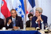 U.S. Secretary of State John Kerry listens as President Barack Obama addresses a Central American Integration System Heads of State Meeting on the sidelines of the Summit of the Americas, Panama City, Panama, April 10, 2015 (State Department photo).