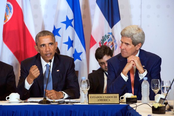 U.S. Secretary of State John Kerry listens as President Barack Obama addresses a Central American Integration System Heads of State Meeting on the sidelines of the Summit of the Americas, Panama City, Panama, April 10, 2015 (State Department photo).
