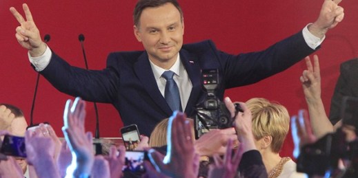 Opposition candidate Andrzej Duda celebrates his victory with supporters, as the first exit polls in the presidential runoff voting are announced, Warsaw, Poland, May 24, 2015 (AP photo by Czarek Sokolowski).