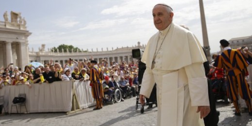 Pope Francis arrives for his weekly audience, the Vatican, May 20, 2015 (AP photo by Andrew Medichini).