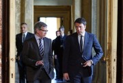 Italian Premier Matteo Renzi with United Nations special envoy for Libya Bernardino Leon as they arrive for a meeting, Chigi Palace, Rome, March 11, 2015 (AP photo by Alessandro Di Meo, Ansa).