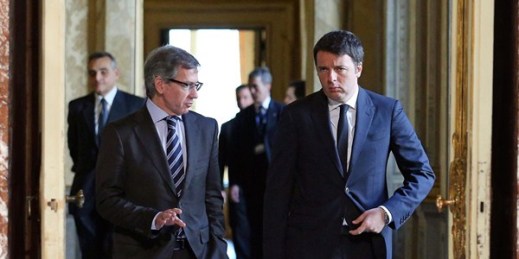 Italian Premier Matteo Renzi with United Nations special envoy for Libya Bernardino Leon as they arrive for a meeting, Chigi Palace, Rome, March 11, 2015 (AP photo by Alessandro Di Meo, Ansa).