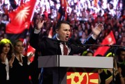 Nikola Gruevski, Macedonian prime minister and leader of the ruling conservative VMRO party, at a rally in front of Parliament, Skopje, Macedonia, May 18, 2015 (AP photo by Boris Grdanoski).