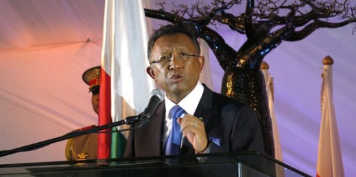 Then-Madagascan President Hery Rajaonarimampianina speaks at a new year address in Antananarivo, Madagascar, Jan. 9, 2015 (AP photo by Martin Vogl).