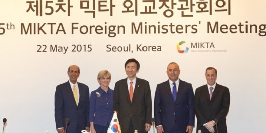 The foreign ministers of Mexico, Indonesia, South Korea, Turkey and Australia at the Fifth MIKTA foreign ministers meeting, Seoul, South Korea, May 22, 2015 (Australian Ministry of Foreign Affairs photo).