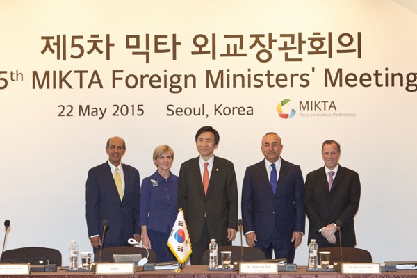 The foreign ministers of Mexico, Indonesia, South Korea, Turkey and Australia at the Fifth MIKTA foreign ministers meeting, Seoul, South Korea, May 22, 2015 (Australian Ministry of Foreign Affairs photo).