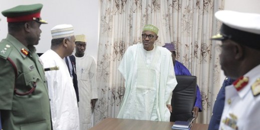 Nigerian President Muhammadu Buhari at a meeting with service chiefs, Abuja, Nigeria, June 2, 2015 (AP photo by Bayo Omoboriowo).