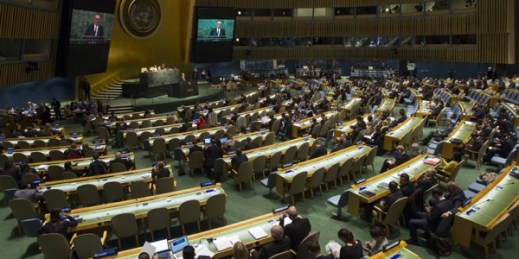 A view of the General Assembly Hall as Deputy Secretary-General Jan Eliasson addresses the opening of the 2015 Review Conference of the Parties to the Treaty on the Non-Proliferation of Nuclear Weapons, United Nations, New York, April 27, 2015).