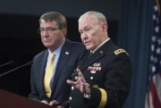 Chairman of the Joint Chiefs of Staff Army Gen. Martin E. Dempsey and Defense Secretary Ash Carter brief the press at the Pentagon, July 1, 2015 (DoD photo by U.S. Navy Petty Officer 1st Class Daniel Hinton).