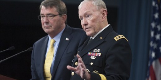 Chairman of the Joint Chiefs of Staff Army Gen. Martin E. Dempsey and Defense Secretary Ash Carter brief the press at the Pentagon, July 1, 2015 (DoD photo by U.S. Navy Petty Officer 1st Class Daniel Hinton).