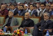 Former Afghan President Hamid Karzai, President Ashraf Ghani and Afghan chief executive Abdullah Abdullah, Kabul, Afghanistan, March, 9, 2015 (AP photo by Rahmat Gul).
