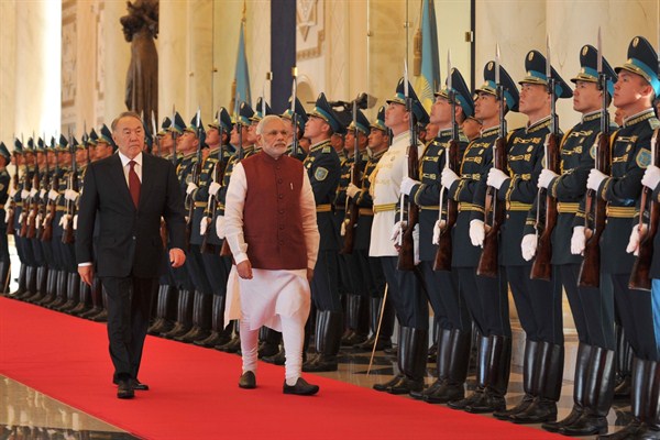 Indian Prime Minister Narendra Modi and Kazakh President Nursultan Nazarbayev at the Akorda President's Palace, Astana, Kazakhstan, July 8, 2015 (Photo from the Indian Prime Minister's office).