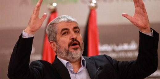 Khaled Mashaal, leader of the Palestinian organization Hamas, gives a speech, Doha, Qatar, Aug. 28, 2014 (AP photo by Osama Faisal).