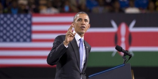 President Barack Obama delivers a speech at the Safaricom Indoor Arena, Nairobi, Kenya, July 26, 2015 (AP photo by Ben Curtis).